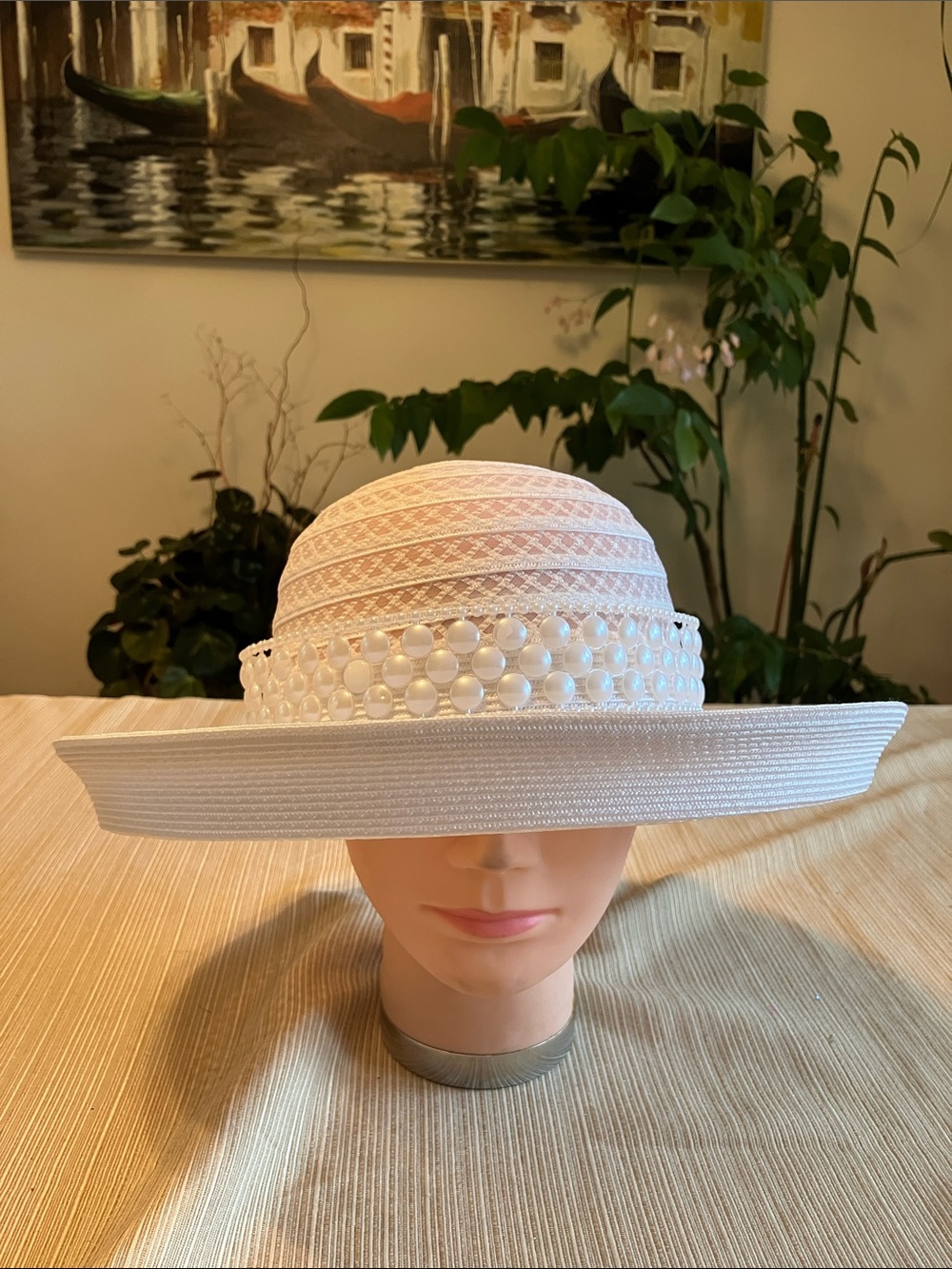 Elegant White Wide-Brim Women's Hat with Pearl Trim
